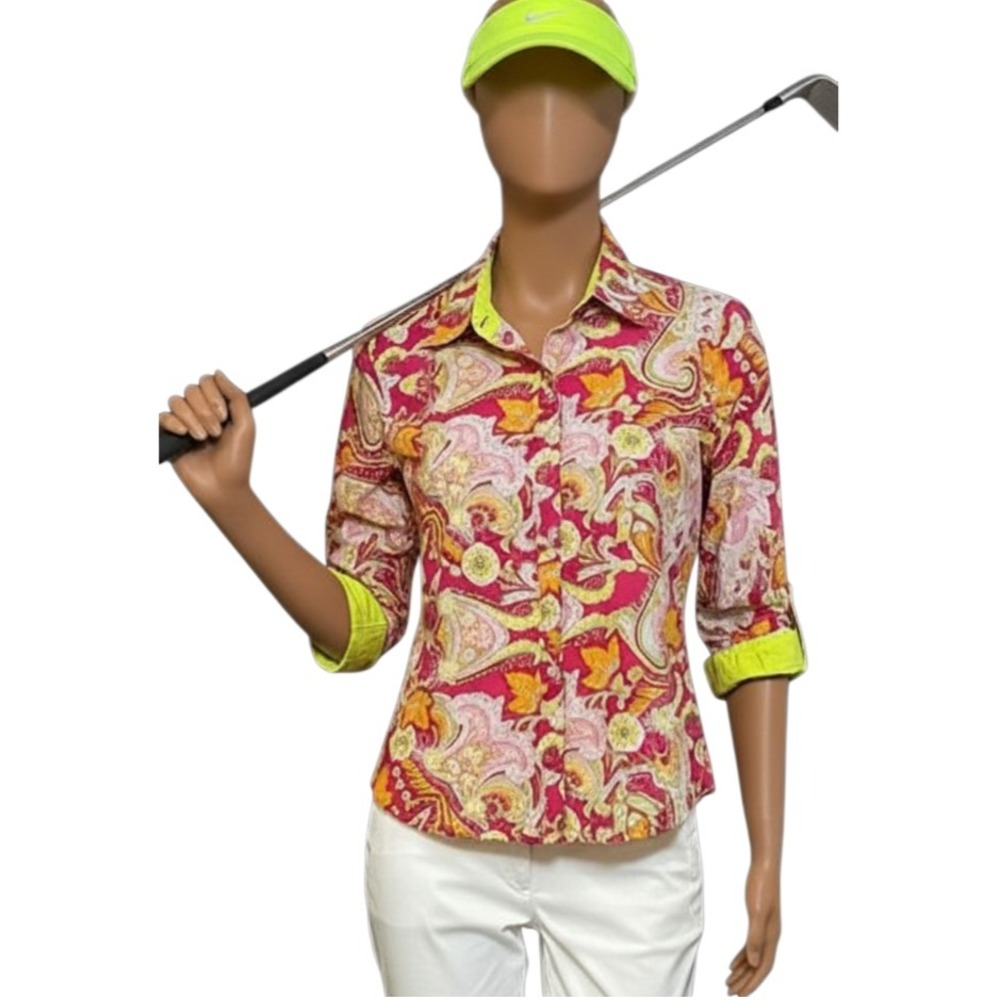 Lauren Ralph Lauren Paisley Stretch Poplin Shirt Women's Med Contrast Cuffs Chic